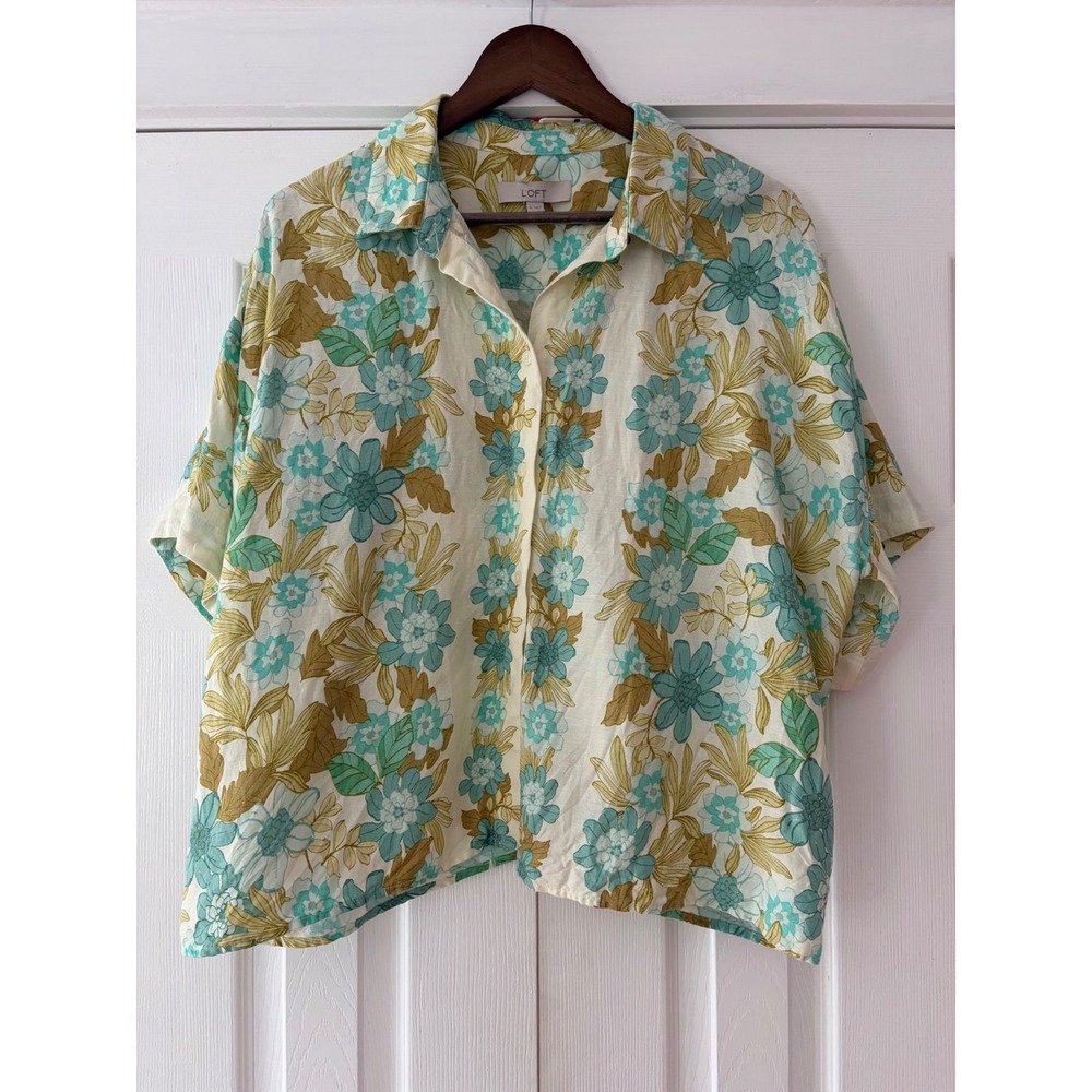 LOFT Womens XL Floral Linen Blend Button Front Short Sleeve Blouse Teal Olive